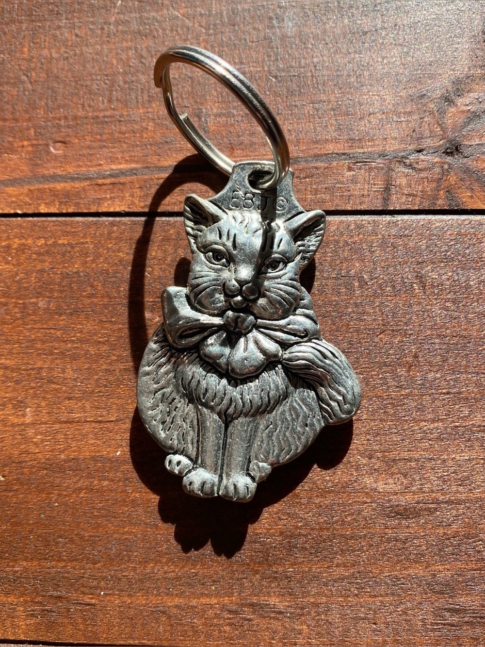 Vintage EBJ Pewter Cat Fish Keychain Double Sided Kitty Bow Key Ring Collectible